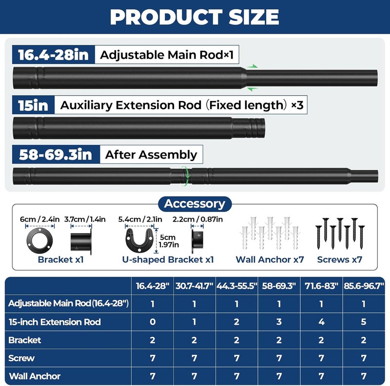 Mavivegue Closet Rods for Hanging Clothes,17 to 70 Inches Stepless Adjustable Metal Closet Rod, Heavy Duty Tension Rod, Extra Long Tension Rod, Adjustable Curtain Rod, for Closet, Black - Image 2